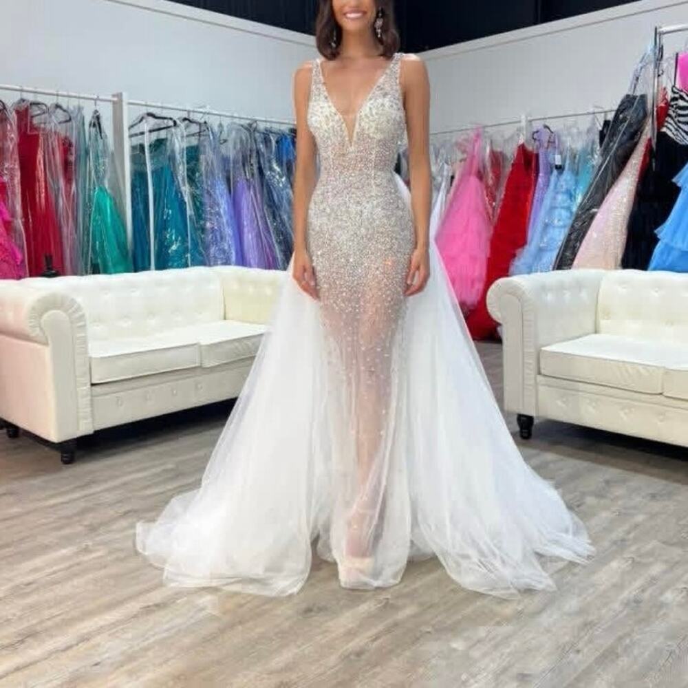 White Jovani Couture Illusion Evening Dress Size 0